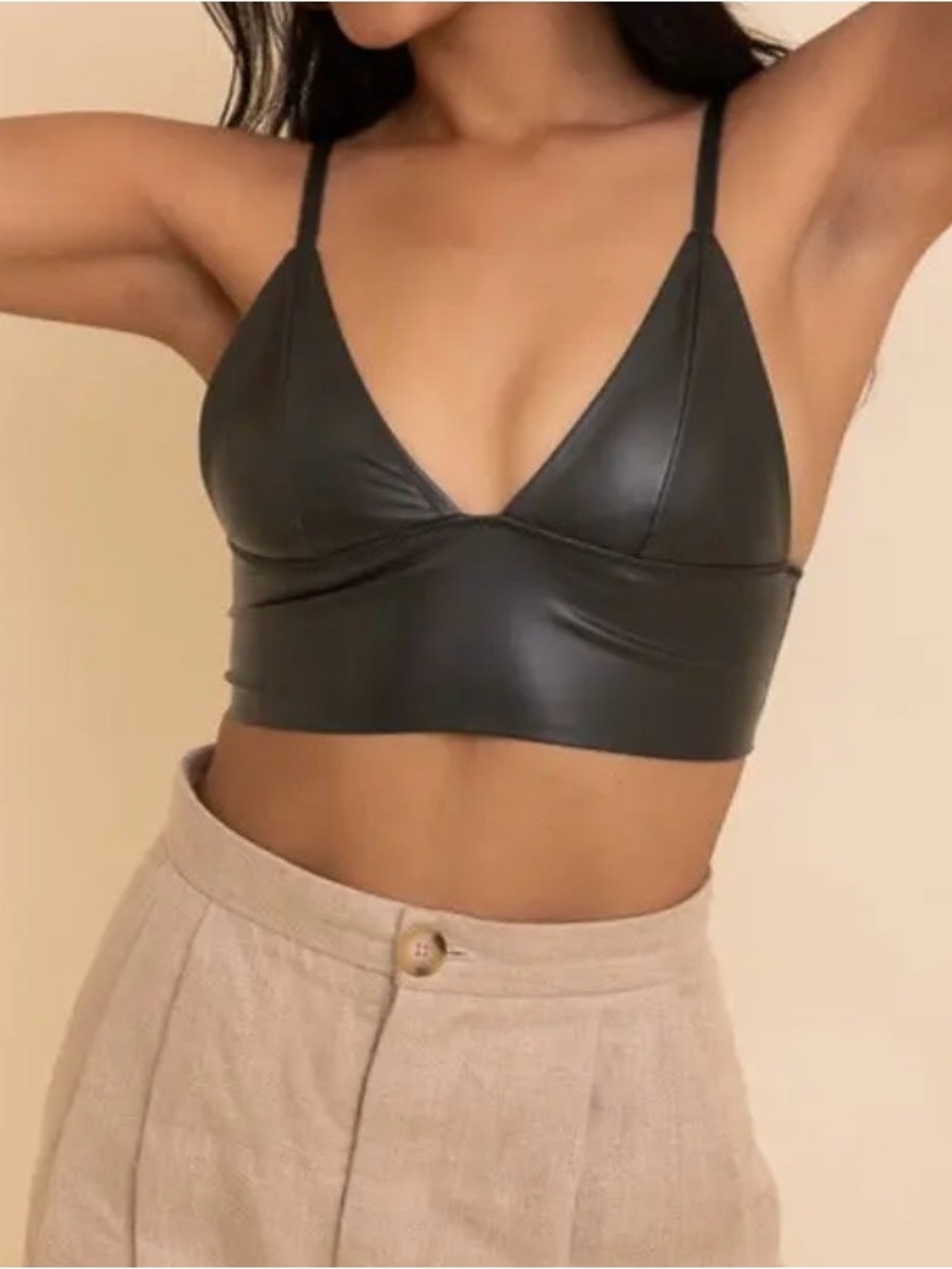 Signature8 Black Faux-Leather Crop Bralette size M